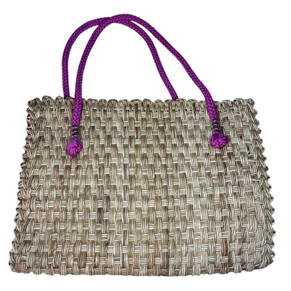 Vintage Magid Straw Wicker Woven Tote Bag Magenta Strap Beach Made in Italy - Picture 2 of 12